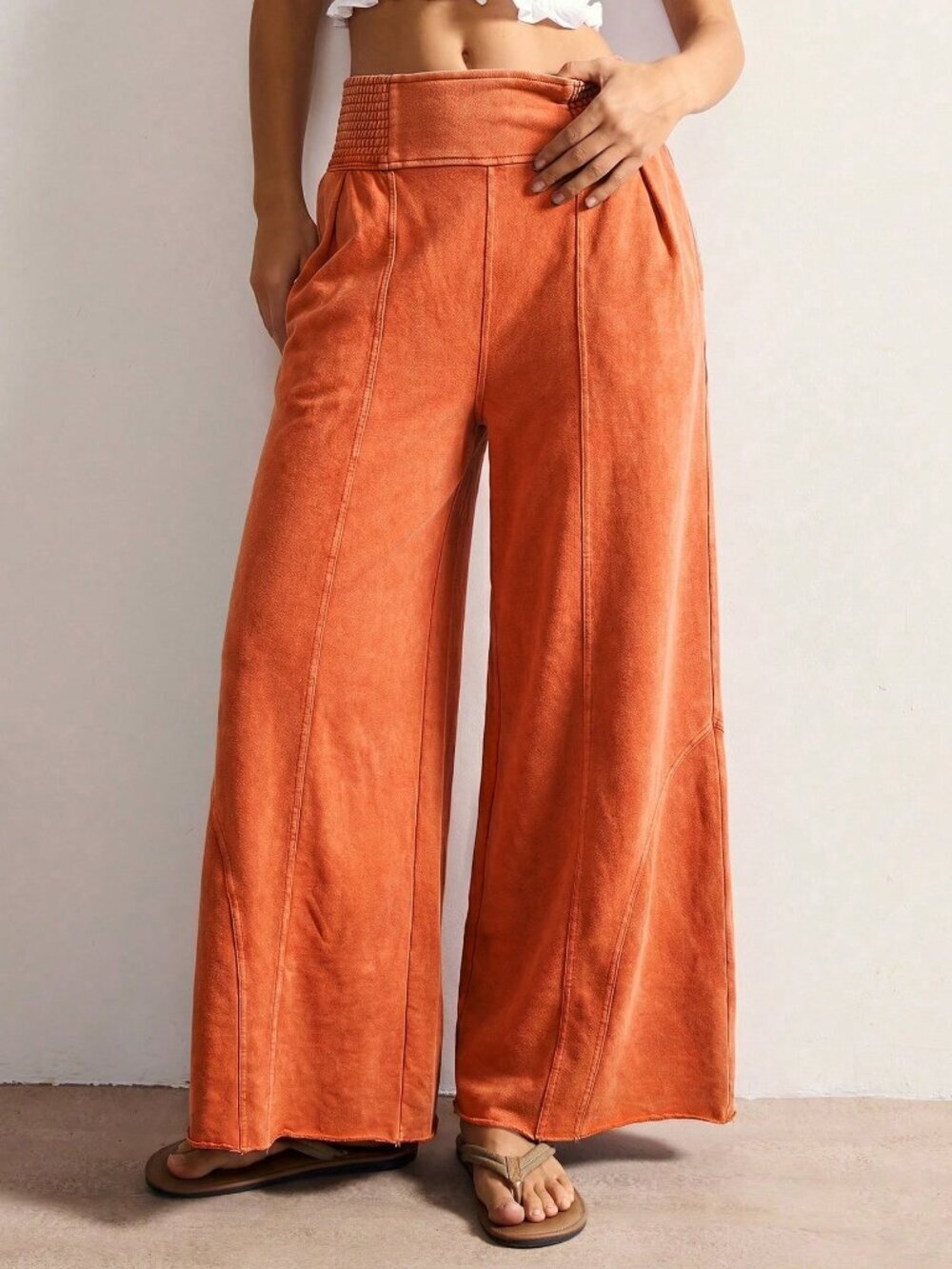 Orange Casual Women's Boho Knit Loose Wide Leg Washed Long Pants